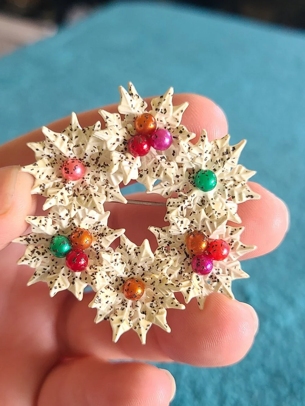 Festive Vintage Ivory Poinsettia Wreath Brooch with Multicolor Beads